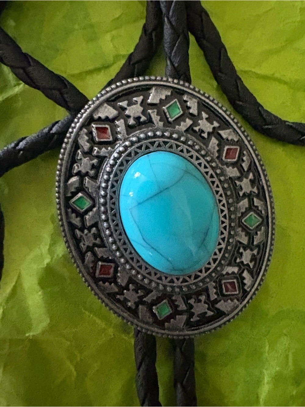 Turquoise Oval Bolo Tie Pendant Necklace - Silver-Tone